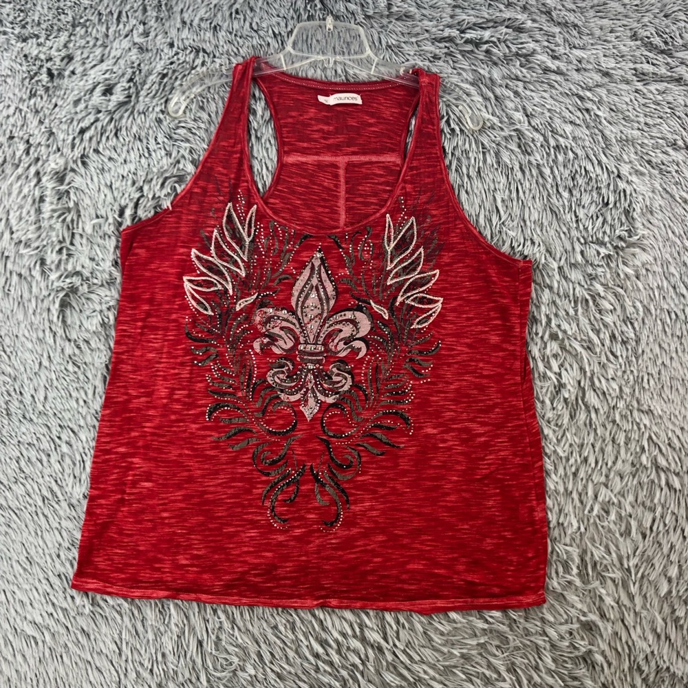 Maurices Tank Top Womens 1X Burnout Red Tank Embellished Fleur De Lis Rhinestone